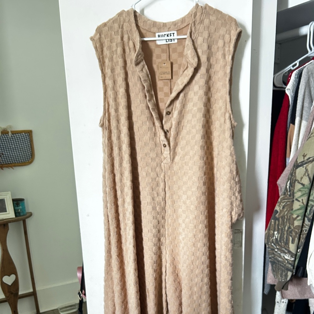 Checkered Textured Tan Sleeveless Jumpsuit